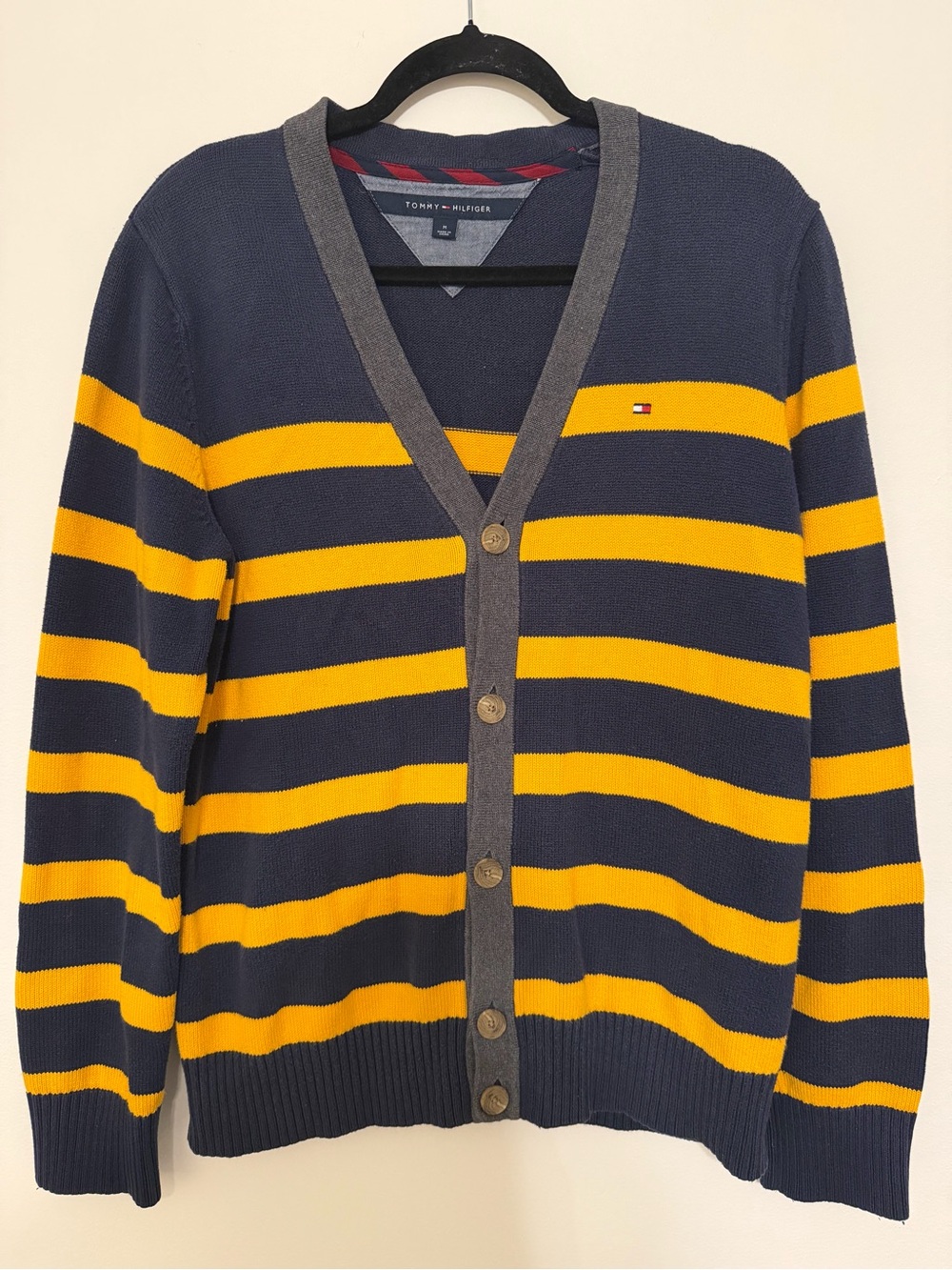 Tommy Hilfiger Men's Navy & Gold Stripe Cardigan- WVU/ Michigan Fans! Size M